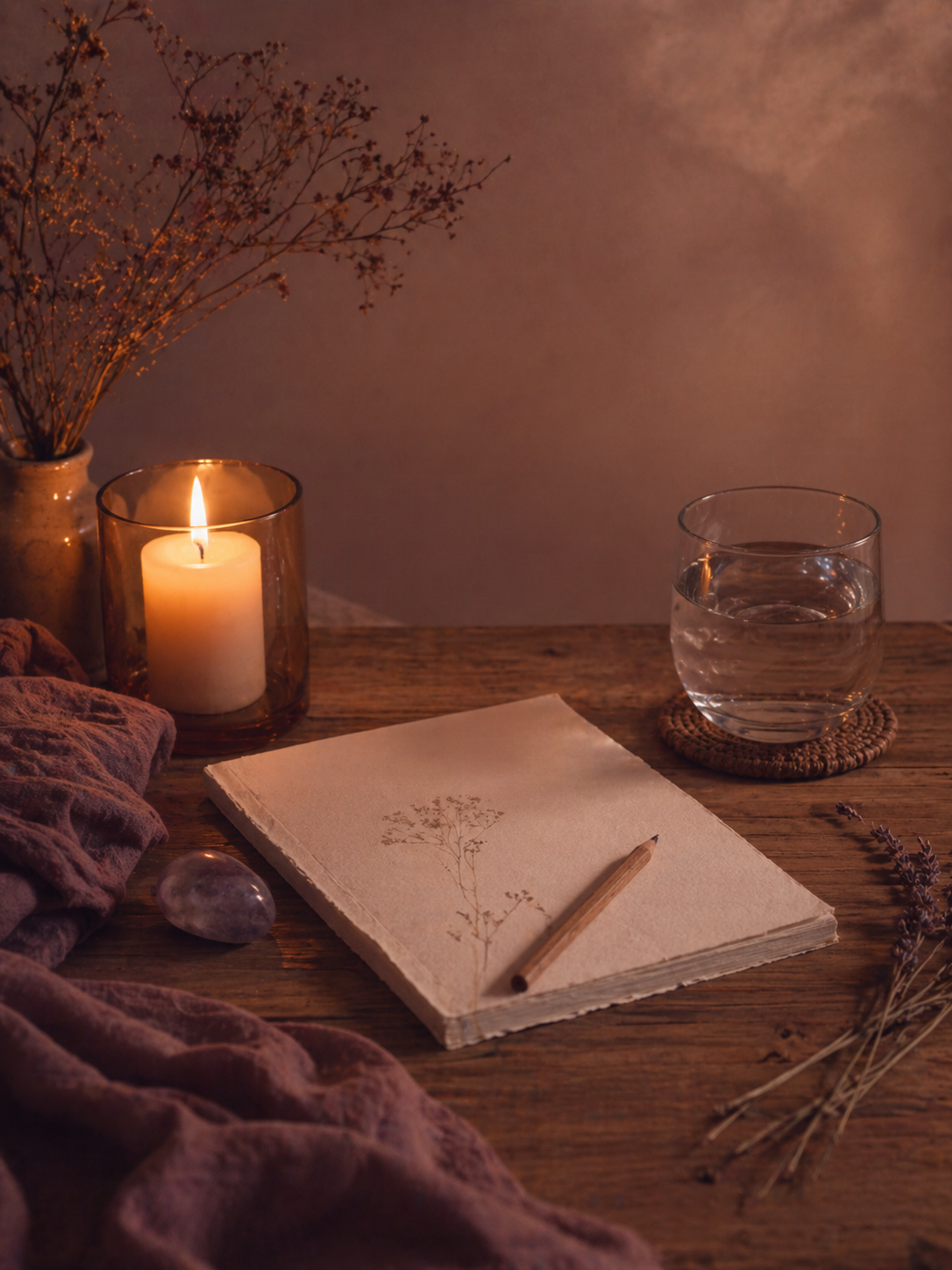 Cuaderno, vela y agua preparados para el encuentro